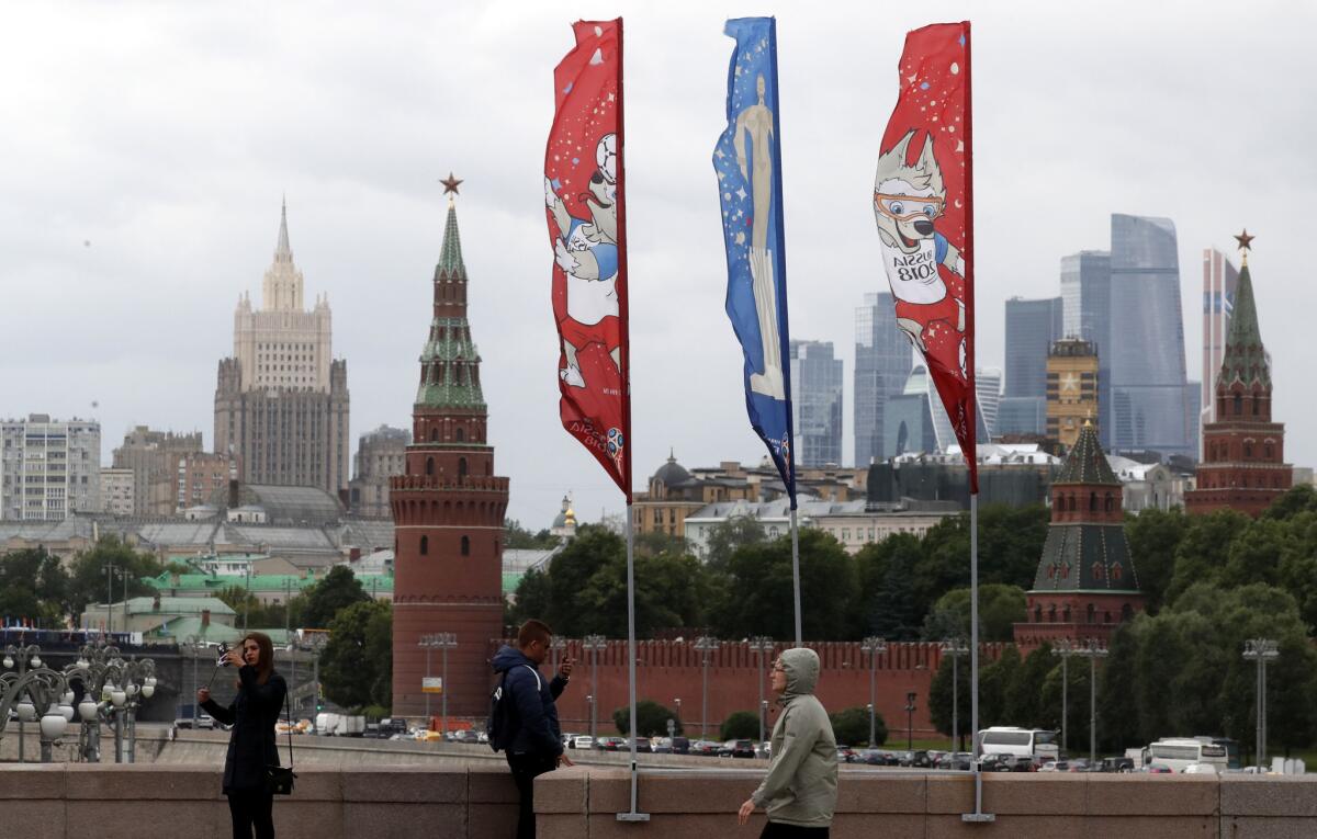 World Cup flags fly near the Kremlin in Moscow.