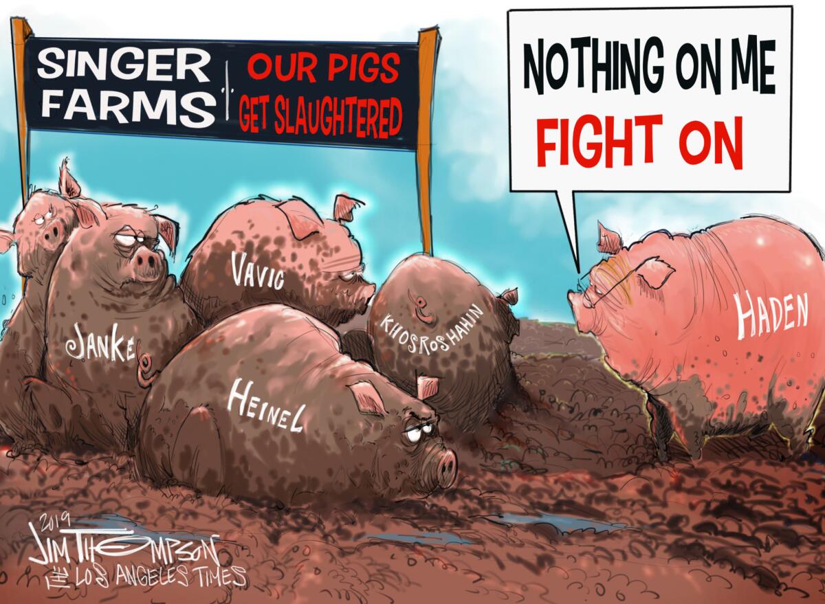 Cartoonist Jim Thompson illustrates a cartoon of Haden's Hogs.