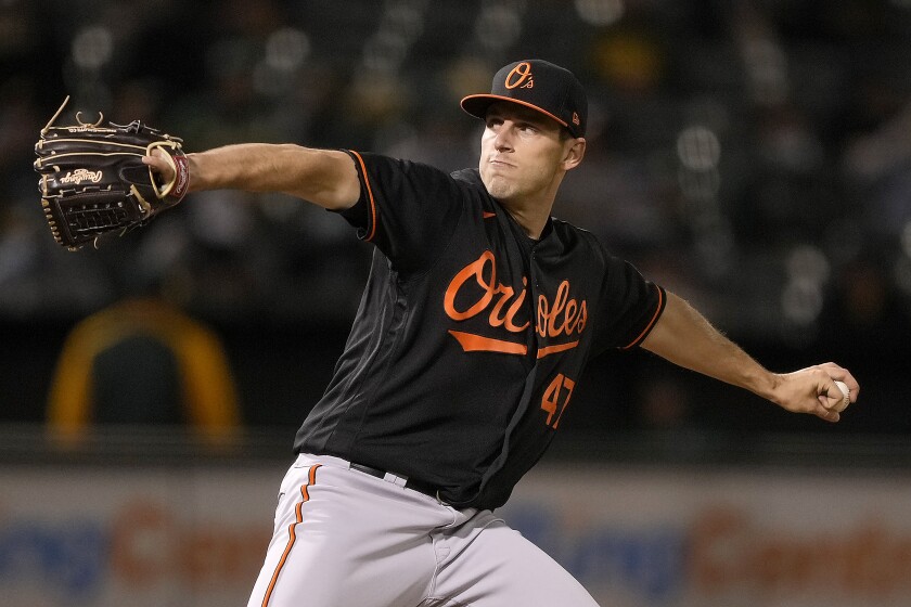 Baltimore Orioles pitcher John Means works against the Oakland Athletics during the seventh inning of a baseball game Friday, April 30, 2021, in Oakland, Calif. (AP Photo/Tony Avelar)