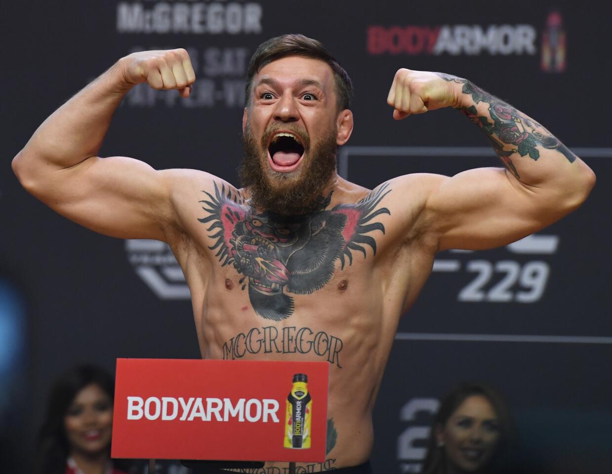 LAS VEGAS, NEVADA - OCTOBER 05: Conor McGregor poses during a ceremonial weigh-in for UFC 229 at T-Mobile Arena on October 05, 2018 in Las Vegas, Nevada. McGregor will challenge UFC lightweight champion Khabib Nurmagomedov for his title at UFC 229 on October 6 at T-Mobile Arena in Las Vegas. (Photo by Ethan Miller/Getty Images) ** OUTS - ELSENT, FPG, CM - OUTS * NM, PH, VA if sourced by CT, LA or MoD **