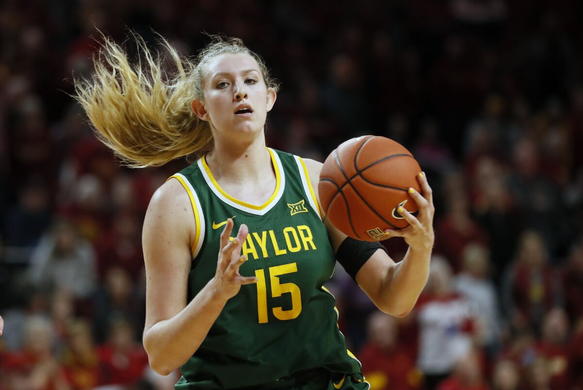 Baylor forward Lauren Cox catches a pass during a game against Iowa State on March 8, 2020, in Ames, Iowa.