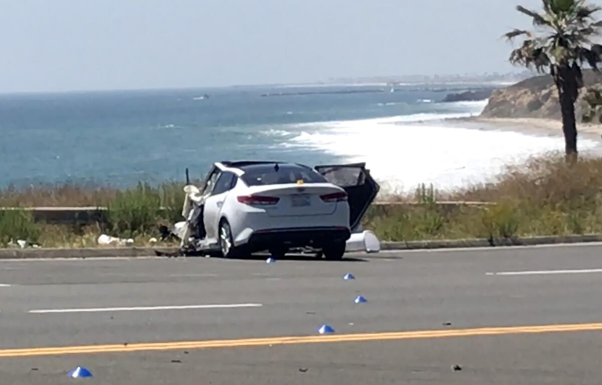 One of two cars involved in an car crash that resulted in a fatality in this car on Coast Hwy near Crystal Cove State Beach.