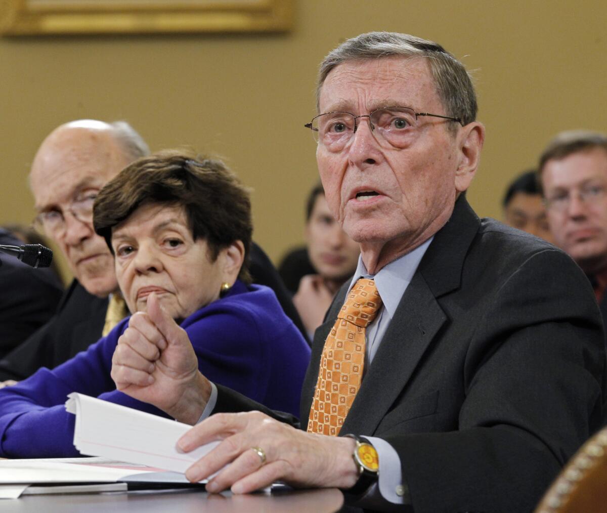 Alice Rivlin, a distinguished budget expert at the Brookings Institution, in 2011, flanked by former Sens. Alan Simpson (R-Wyo.) and Pete Domenici (R-N.M.).