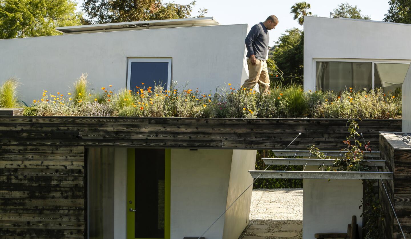 Jamie Sobieski tends to one of two rooftop gardens at his home in South Pasadena. The home will be included in the April 27 Garden Conservancy Open Days self-guided tour. Full house package and photo gallery
