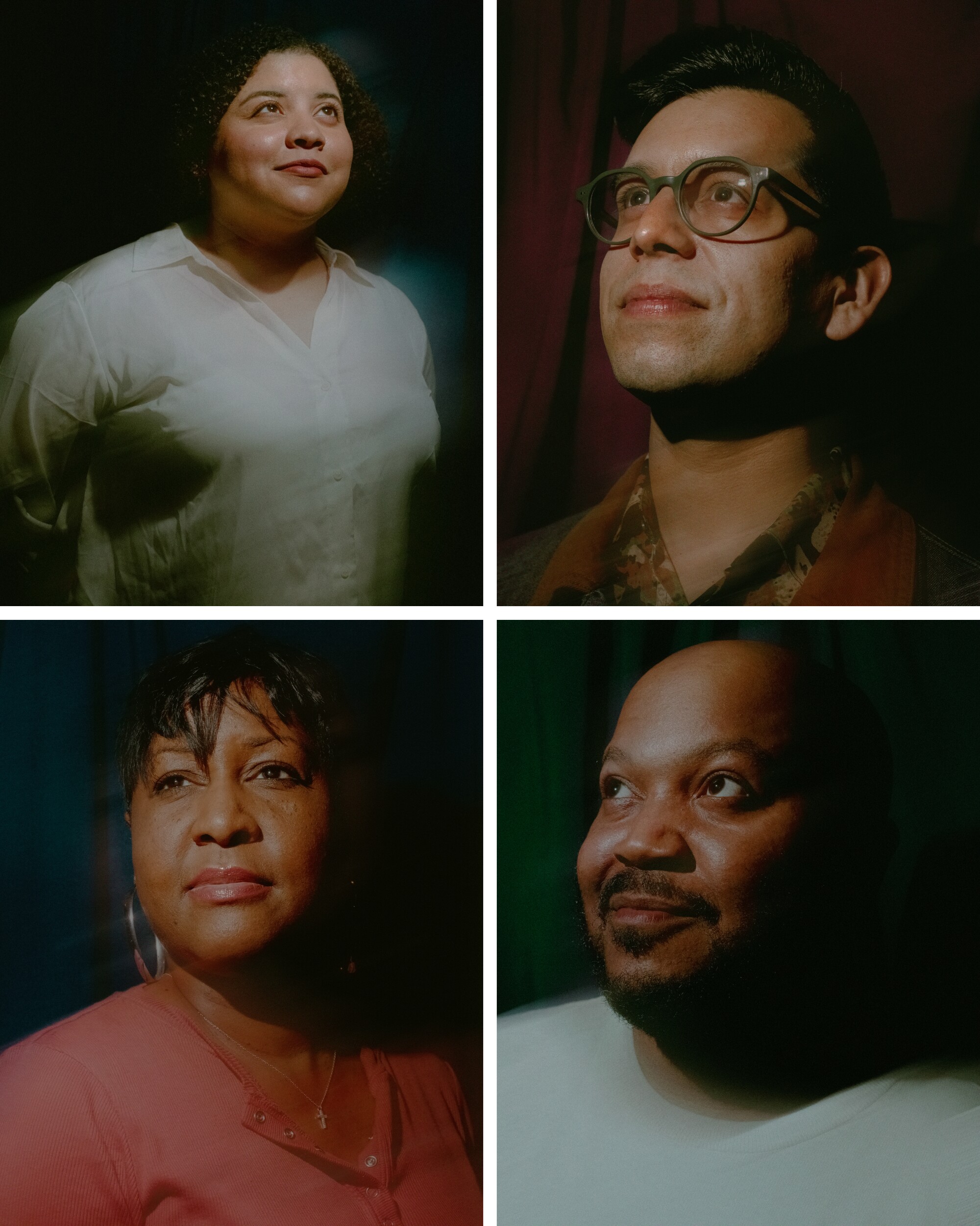 A grid of four images shows four portraits of people in front of red, green and blue backgrounds.