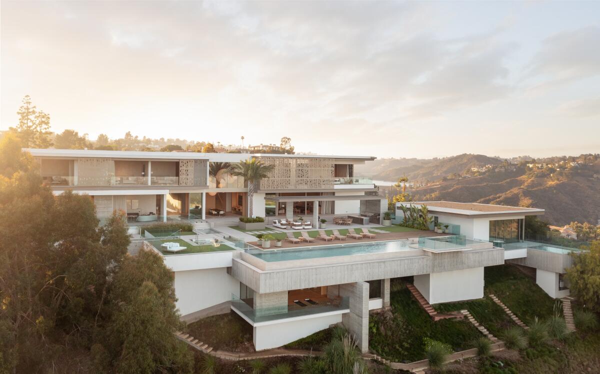 An exterior view of the mega-mansion with nine bedrooms and 14 bathrooms.