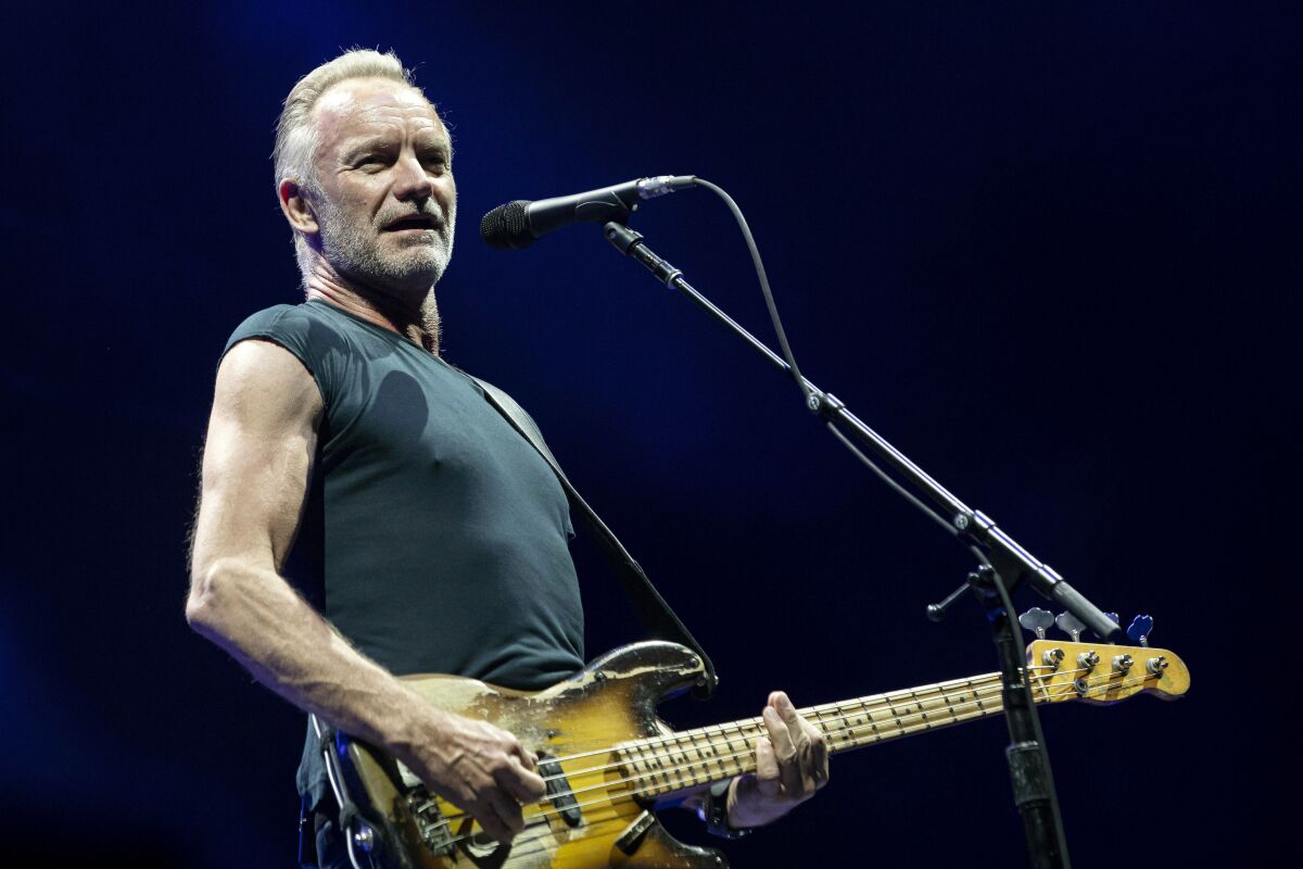 British musician Sting performs during his concert in Papp Laszlo Budapest Sports Arena in Budapest, Hungary, on July 2, 2019. Sting is selling his music catalog, including hits he made with the Police and as a solo artist, joining a chorus of stars who are cashing in with investors who see value in licensing their songs. Universal said Thursday, Feb. 10, 2022, that its music-publishing arm bought the catalog, including “Every Breath You Take,” “Roxanne" and “Fields of Gold.” Financial terms were not disclosed. (Balazs Mohai/MTI via AP, File)