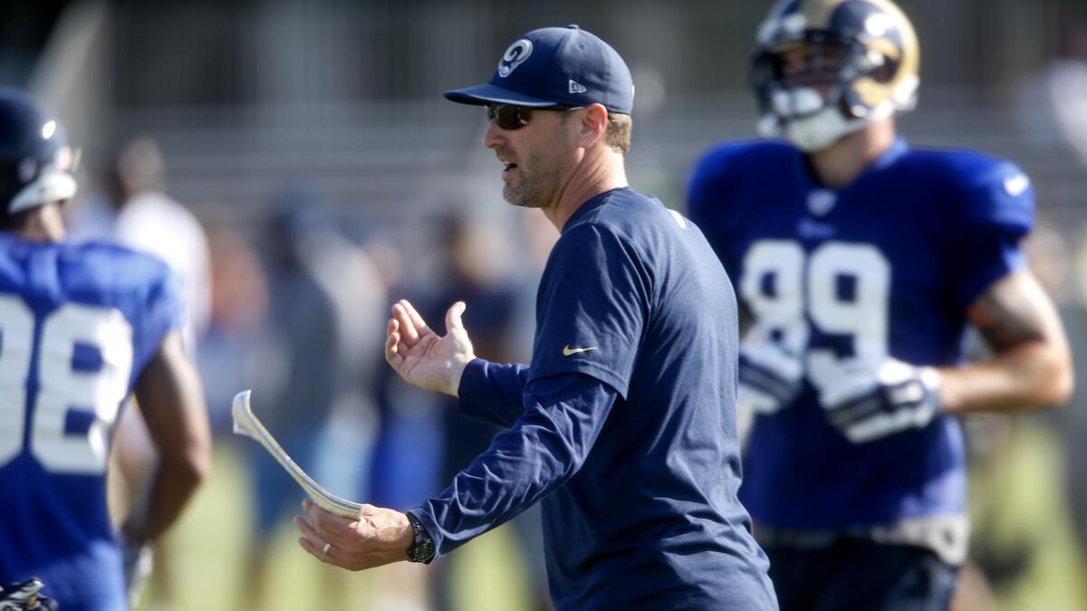 Rams receivers coach Mike Groh works with his group during a practice Aug. 2 at UC Irvine.