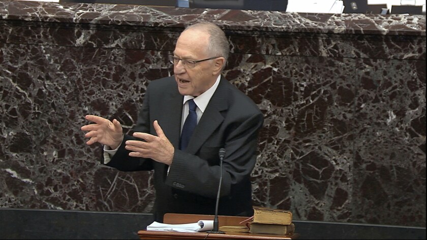 Alan Dershowitz, an attorney for President Trump, speaks during the impeachment trial in the Senate on Monday. 