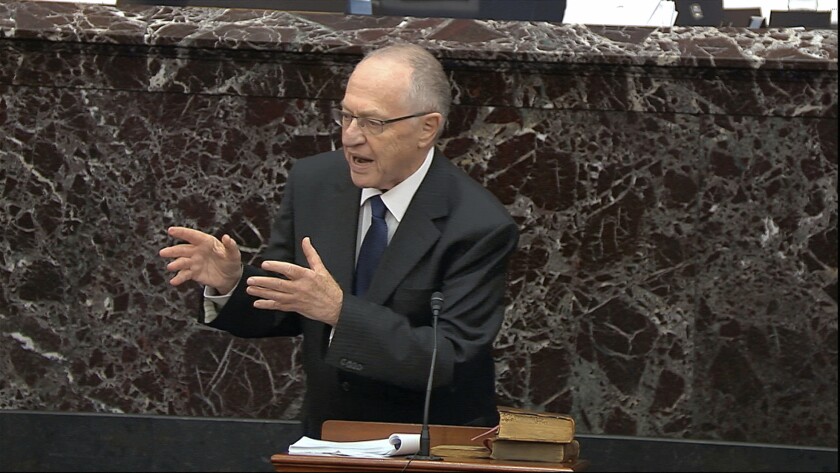 Trump attorney Alan Dershowitz speaks Jan. 27 during the Senate impeachment trial of the president.