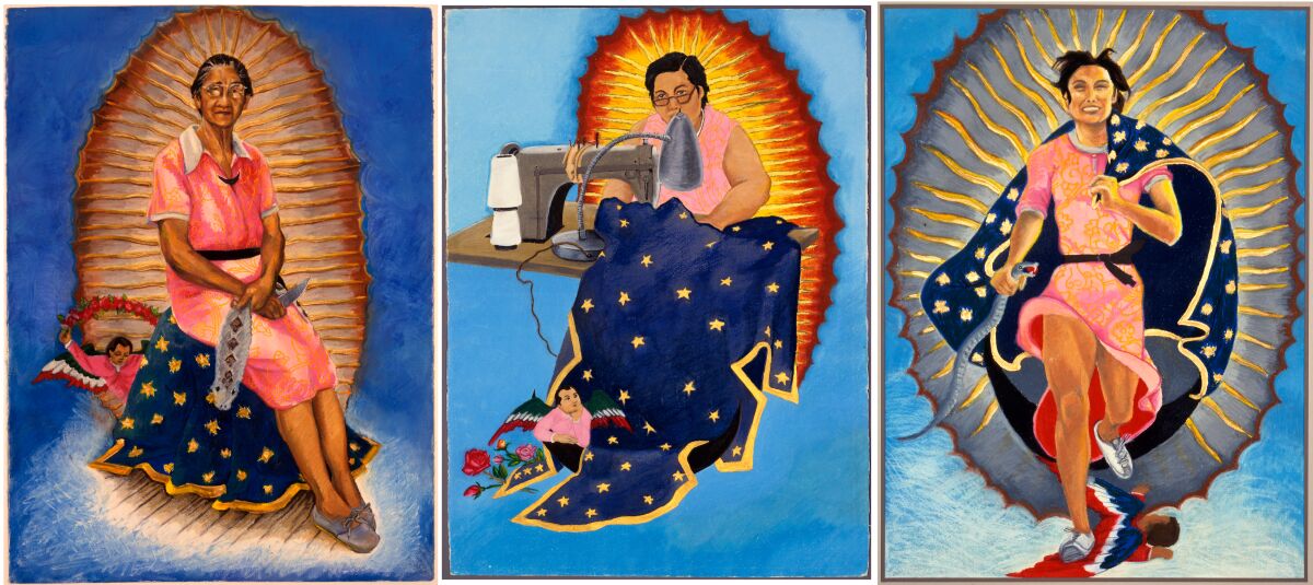 A triptych shows three works of art featuring everyday women.