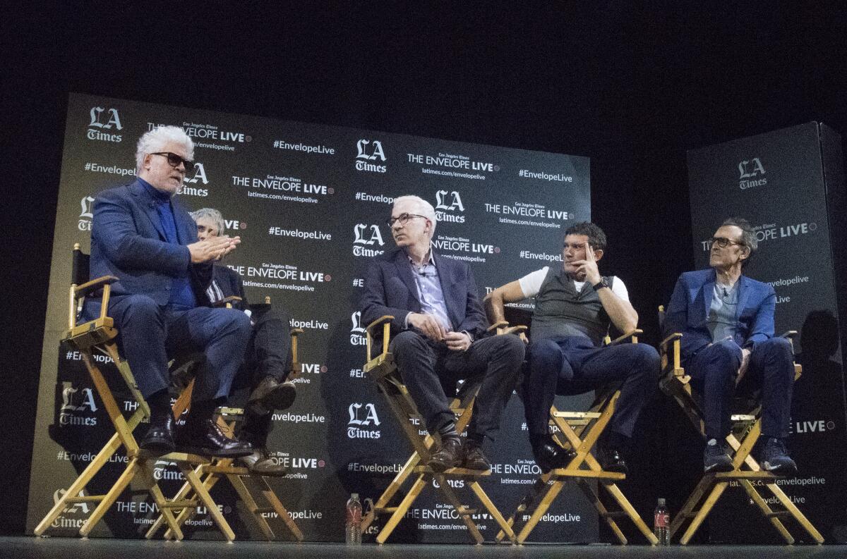 Pedro Almodóvar, The Times' Glenn Whipp, Antonio Banderas and Alberto Iglesias at the Envelope Live screening of "Pain and Glory."