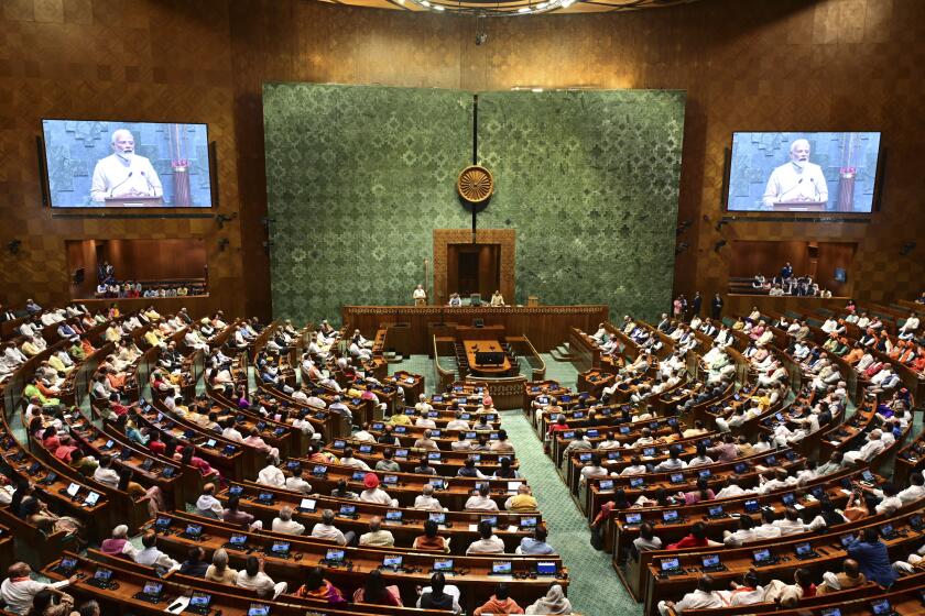 FILE - Indian Prime Minister Narendra Modi speaks after the inauguration of the new parliament building, in New Delhi, India, on May 28, 2023. India's Parliament on Wednesday Sept. 20, 2023 took a major step toward reserving 33% of the seats in its powerful lower house and in state legislatures for women to ensure more equal representation, an issue that had languished for nearly three decades because of a lack of consensus among political parties. (AP Photo, File)