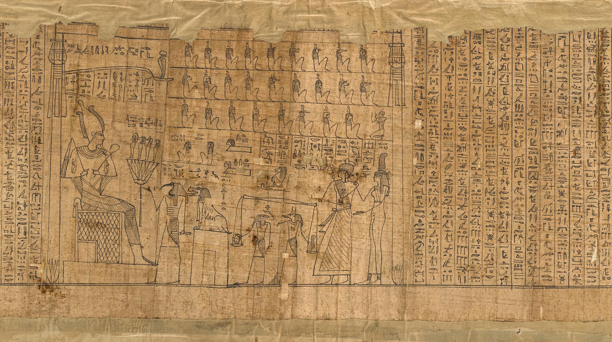 A piece of ancient papyrus shows the god Osiris on a throne receiving the deceased in the afterlife under a canopy