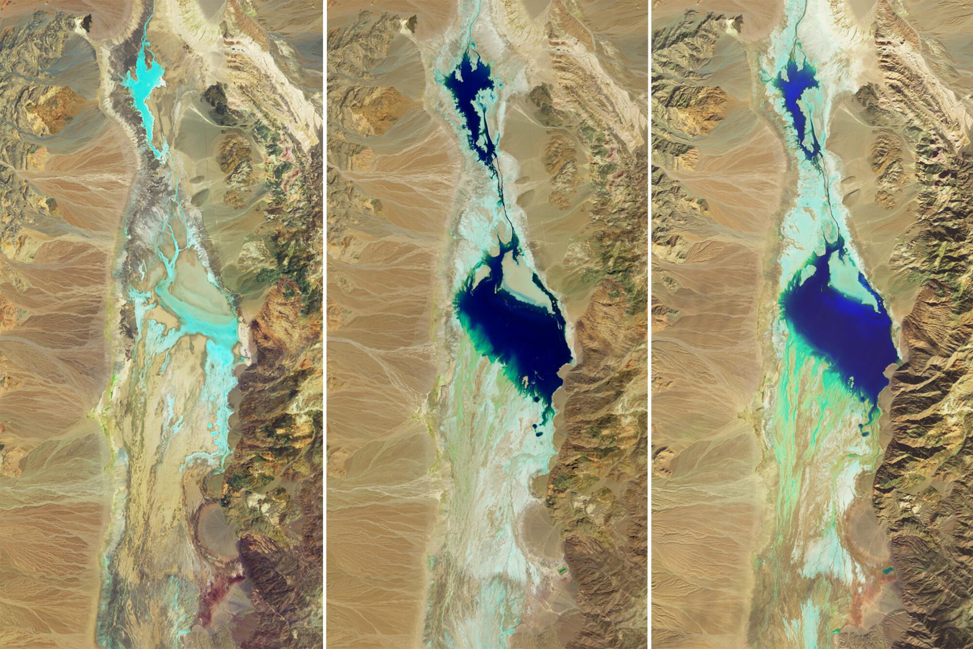 Three aerial photos taken at different times showing a bright blue lake forming in the brown landscape of Death Valley. 