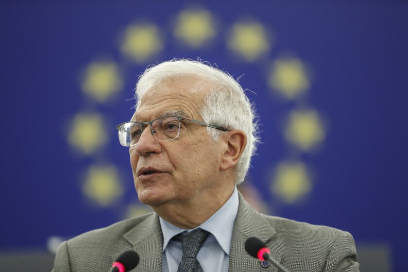 Josep Borrell Fontelles vice president of the European Commission in charge of coordinating the external action of the European Union, delivers his speech about the Systematic repression in Belarus and its consequences for European security following abductions from an EU civilian plane intercepted by Belarusian authorities. Strasbourg eastern France, Tuesday 8 june , 2021. (Jean-François Badias / Pool via AP)