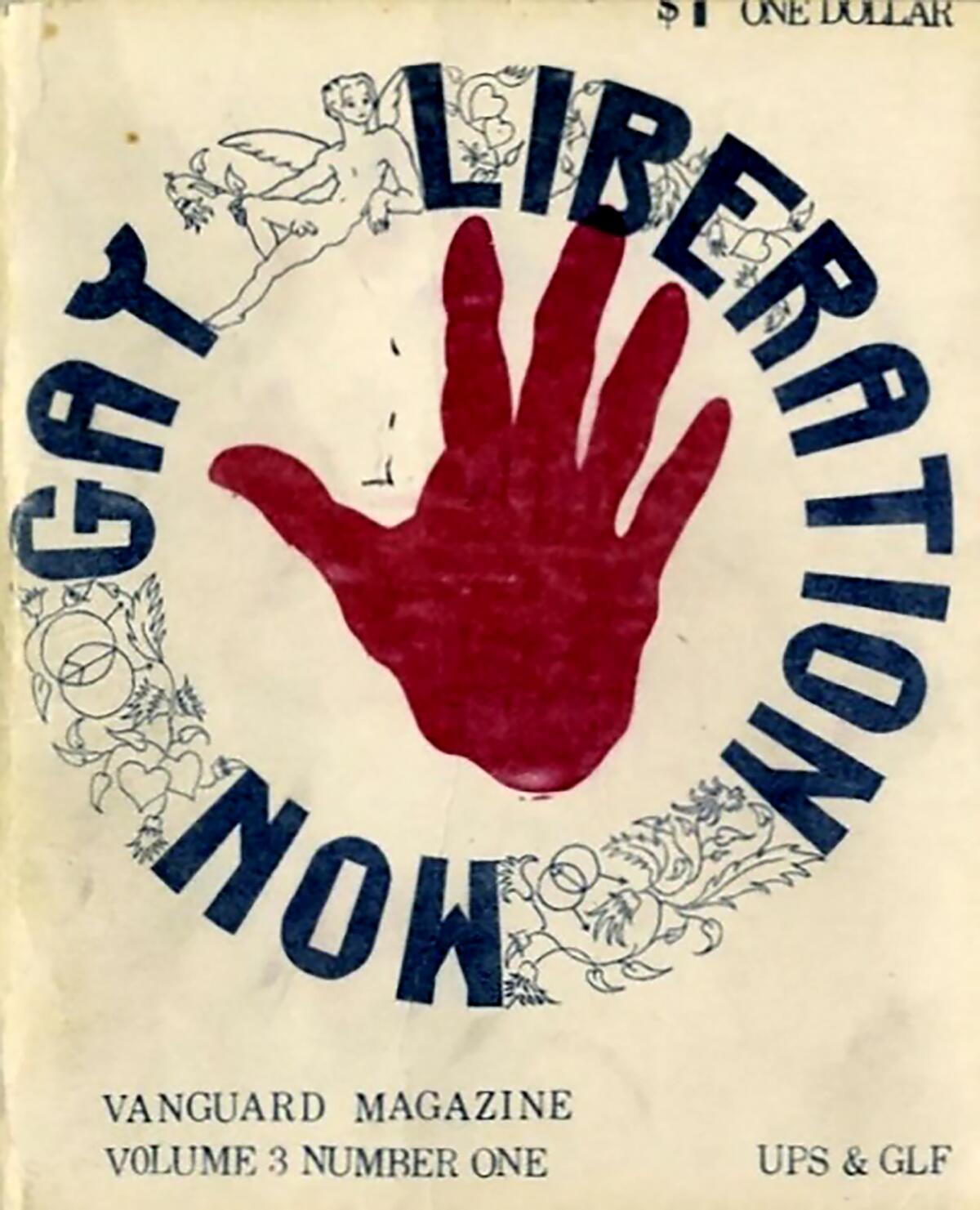A purple handprint encircled by the words "Gay Liberation Now" on the cover of Vanguard Magazine.