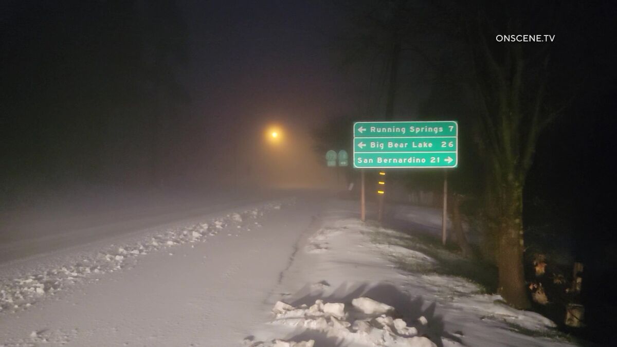Snow falls in the San Bernardino National Forest