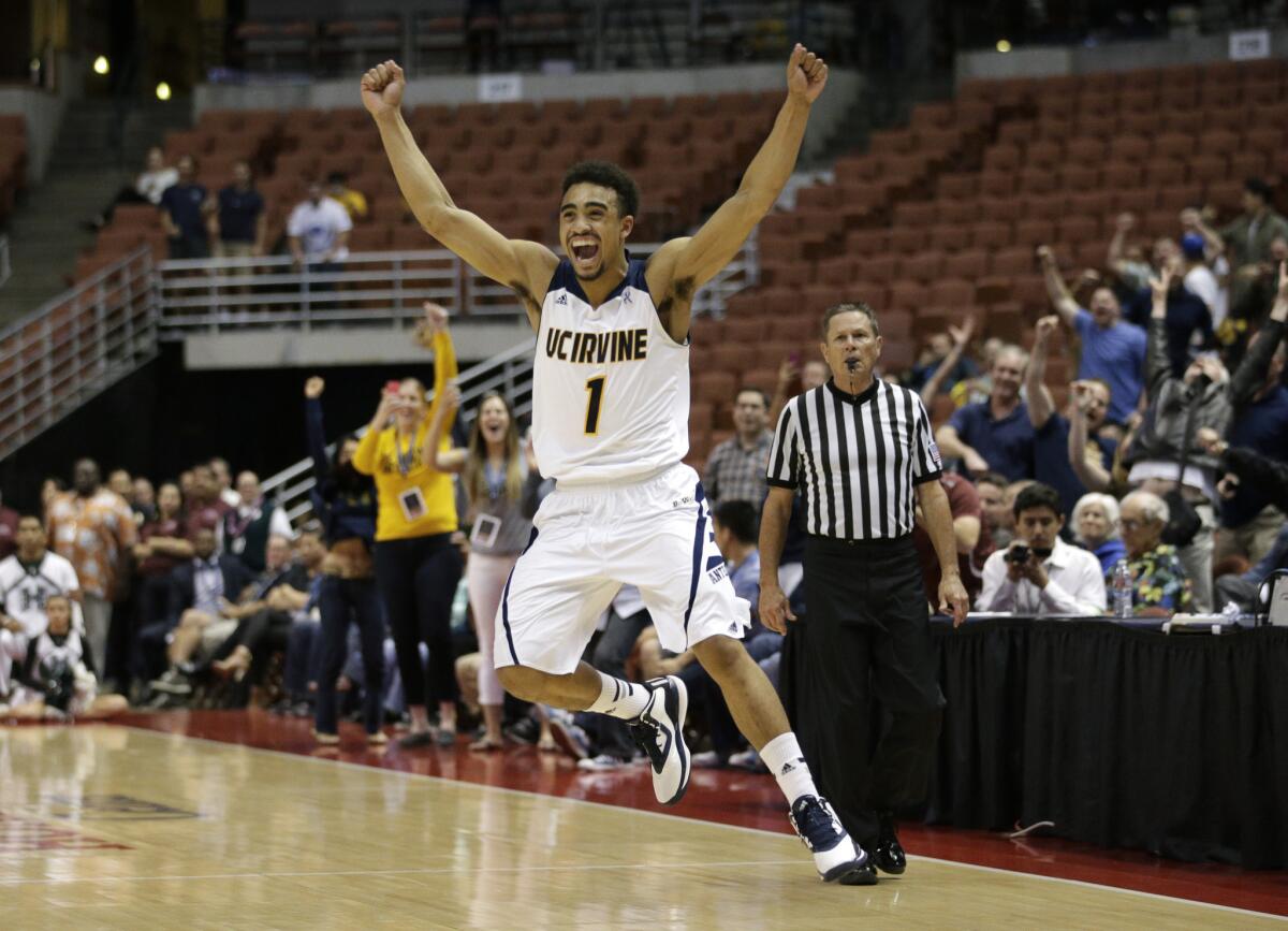 UC Irvine guard Alex Young celebrates the Anteaters' 67-58 win in the Big West Conference tournament championship.