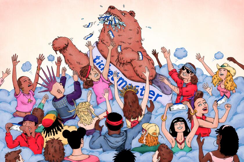 Illustration of a bear wearing a Ticketmaster sash and mauling fans. a crowd of fans fight for concert tickets.