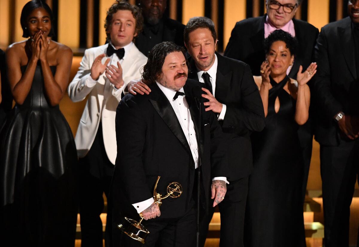 Cast and crew of "The Bear" accept the award for Outstanding Comedy Series onstage during the 75th Emmy Awards 