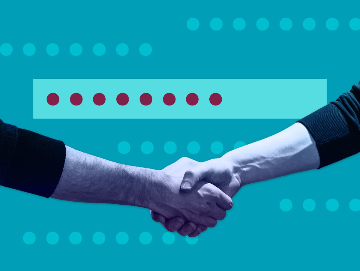 a handshake with dots representing typed passwords in the background