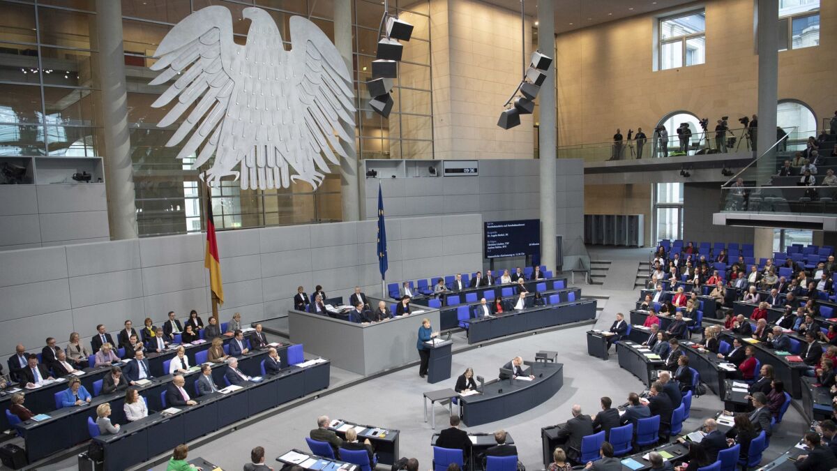 German Chancellor Angela Merkel speaks in the Bundestag on Nov. 21.
