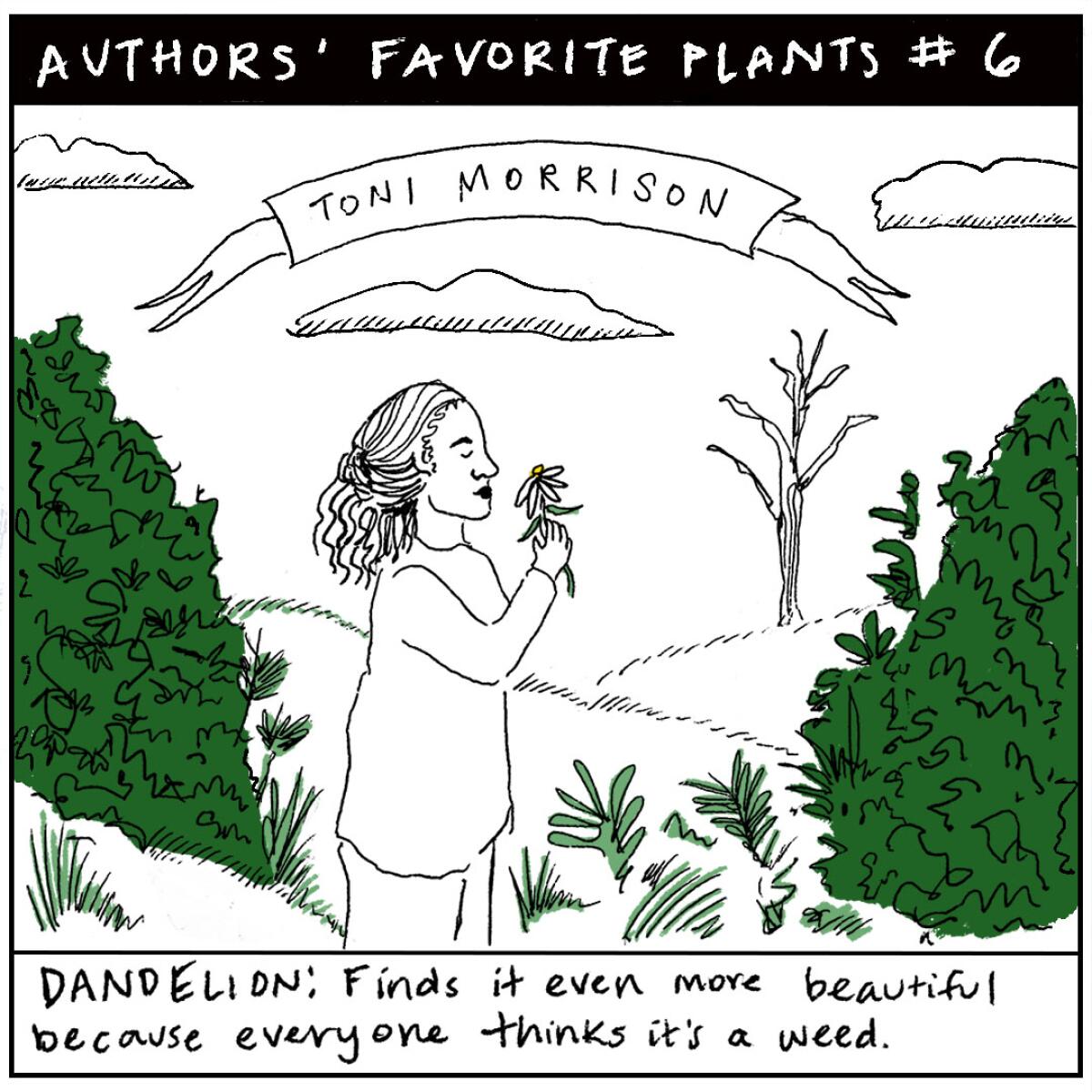 An illustration of a woman smelling a flower amid trees and other foliage. 