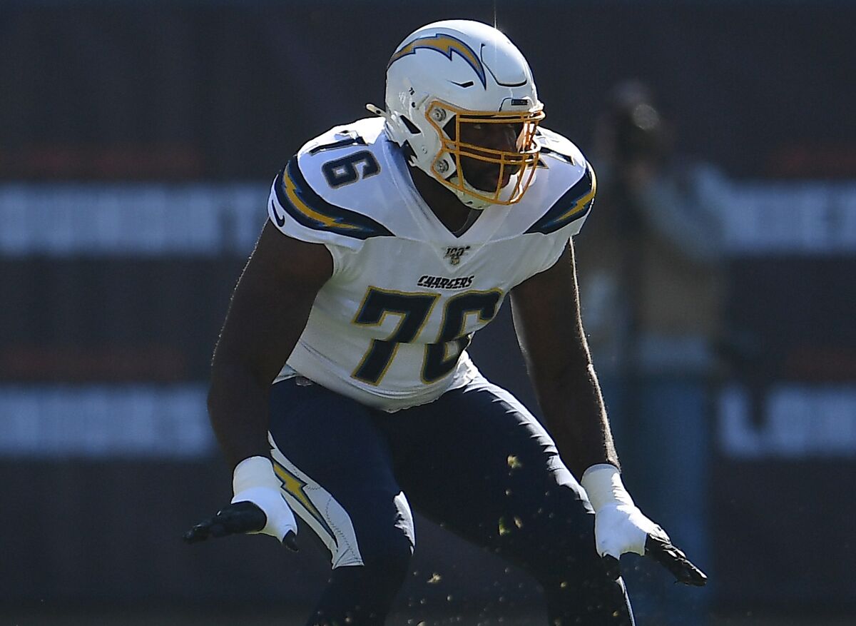 Russell Okung is back at left tackle for the Chargers.