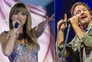 Taylor Swift pointing with one hand while singing into a mic, left, and Eddie Vedder pointing upward while doing the same
