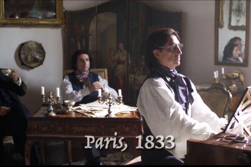 Antonio Lysy, Boris Giltburg and Hershey Felder in a scene from "Chopin and Liszt in Paris."