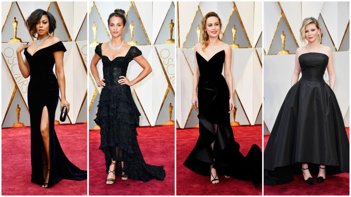 Taraji P. Henson, from left, Alicia Vikander, Brie Larson and Kirsten Dunst were among the women channeling Old Hollywood glamour on the 2017 Oscars red carpet.