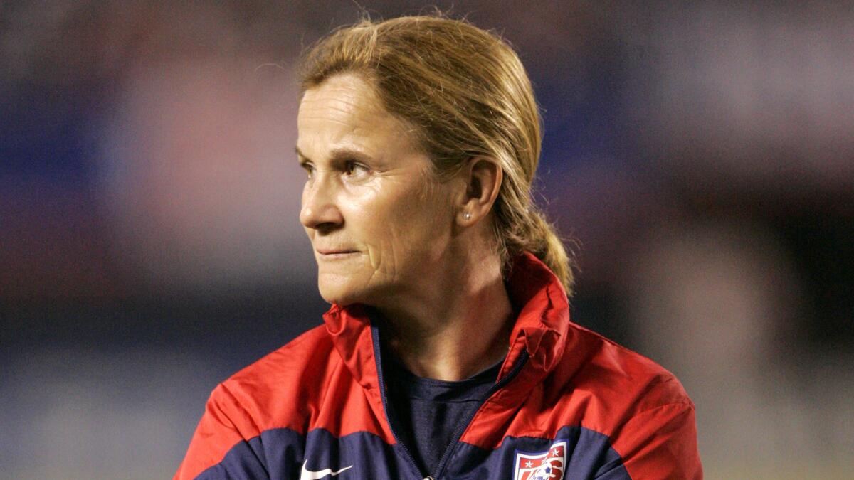 U.S. women's national team Coach Jill Ellis watches from the sideline during an international friendly against China at Qualcomm Stadium in San Diego on April 10.