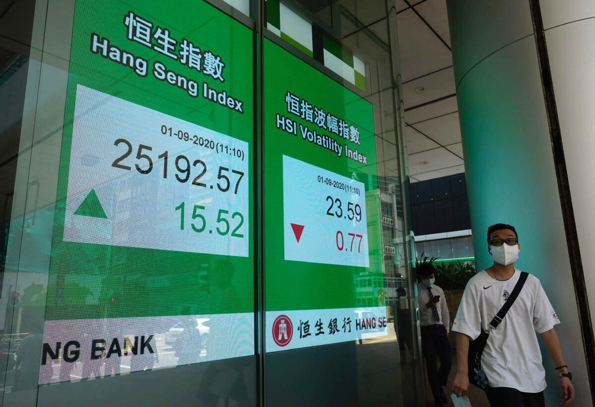 A man wearing a face mask walks past a bank's electronic board showing the Hong Kong share index at Hong Kong Stock Exchange Tuesday, Sept. 1, 2020. Major Asian share indexes edged lower Tuesday in mostly muted trading after a retreat overnight on Wall Street. (AP Photo/Vincent Yu)