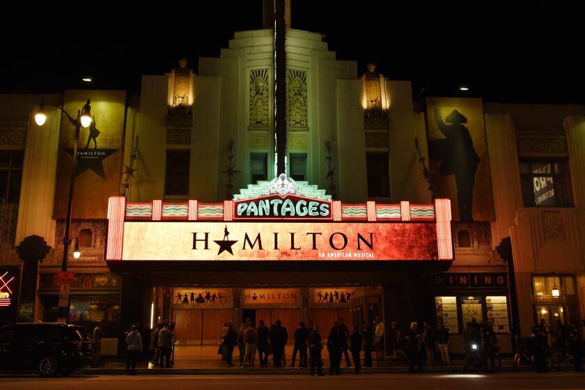 The Pantages Theatre marquee is pictured on the opening night of the Los Angeles run of "Hamilton: An American Musical" on Wednesday, Aug. 16, 2017, in Los Angeles. (Photo by Chris Pizzello/Invision/AP)