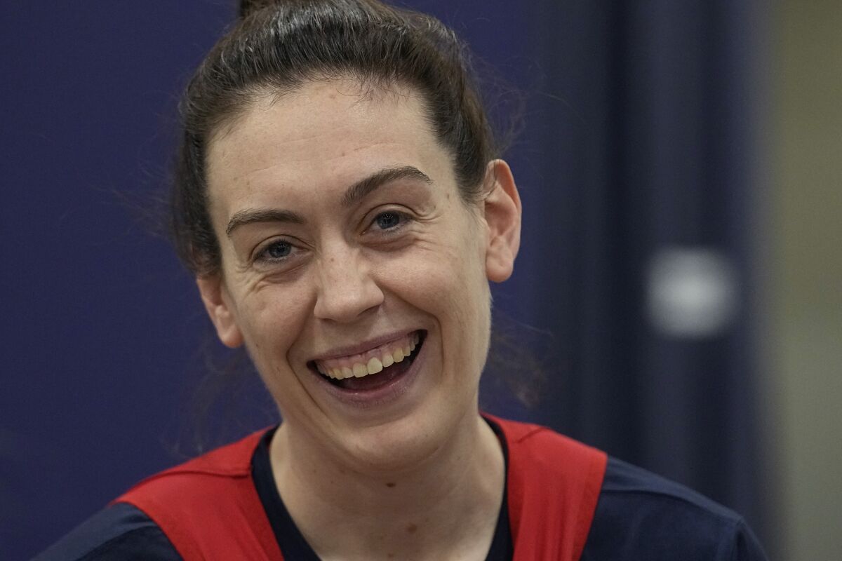 FILE - USA National Basketball Team's Breanna Stewart during a spring training practice session, Friday, April 1, 2022, in Minneapolis. Seattle Storm's Breanna Stewart became the first player to repeat as The Associated Press WNBA Player of the Year, Tuesday, Aug. 16, 2022. (AP Photo/Eric Gay, File)