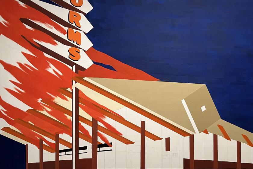 A horizontal painting by Ed Ruscha shows the Googie-style diner Norm's on fire against a darkened sky.