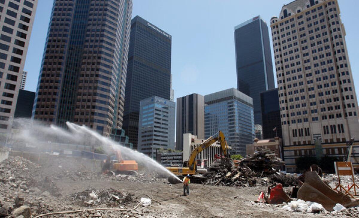 The former Wilshire Grand Hotel in downtown Los Angeles has been reduced to an entire city block of rubble. The Wilshire Grand Project will be home to the tallest building west of the Mississippi. There will also be restuarants, office space and stores on the site.