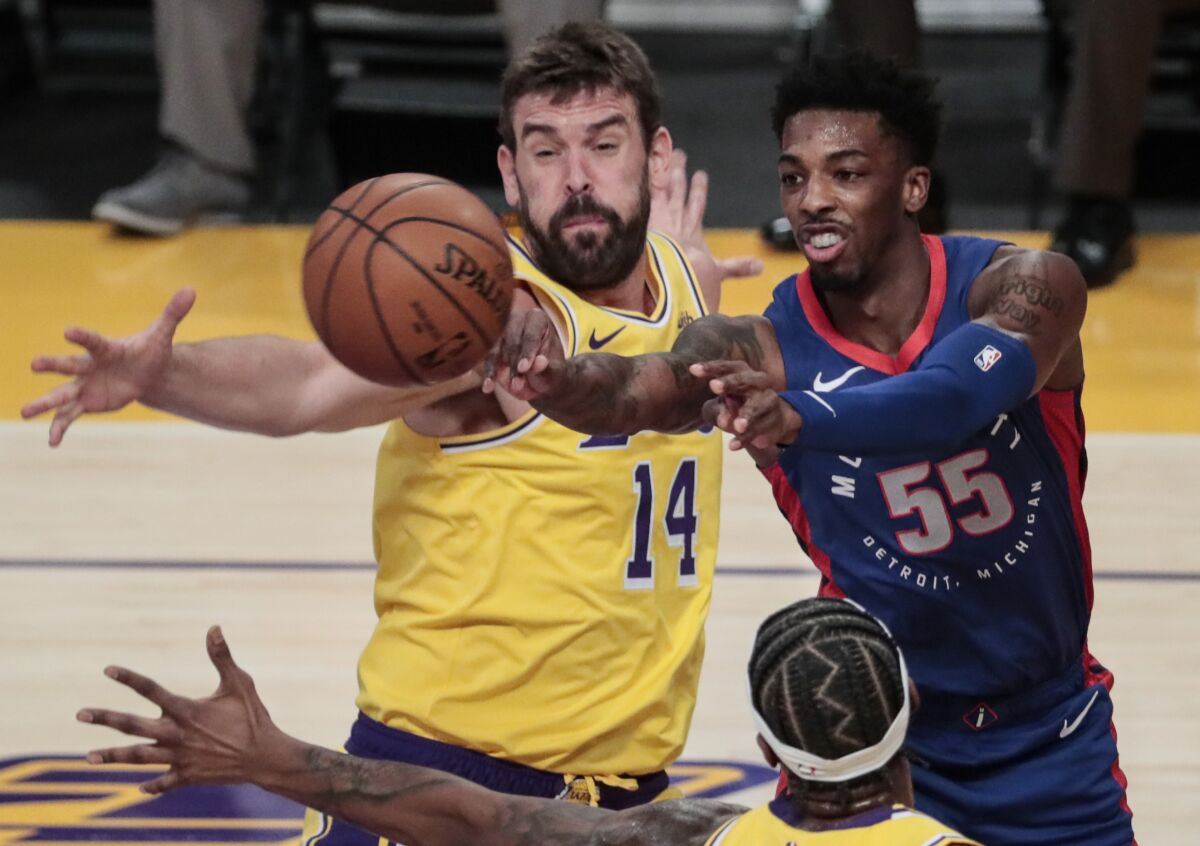 Pistons guard Delon Wright passes under pressure from Lakers center Marc Gasol and guard Kentavious Caldwell-Pope