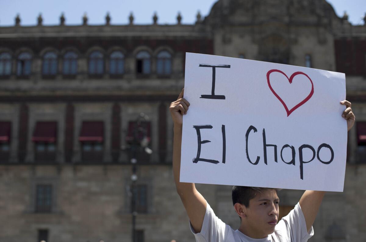 A fan of El Chapo staged an April protest outside the National Palace in Mexico City. He and other demonstrators professed their support for the accused drug lord.
