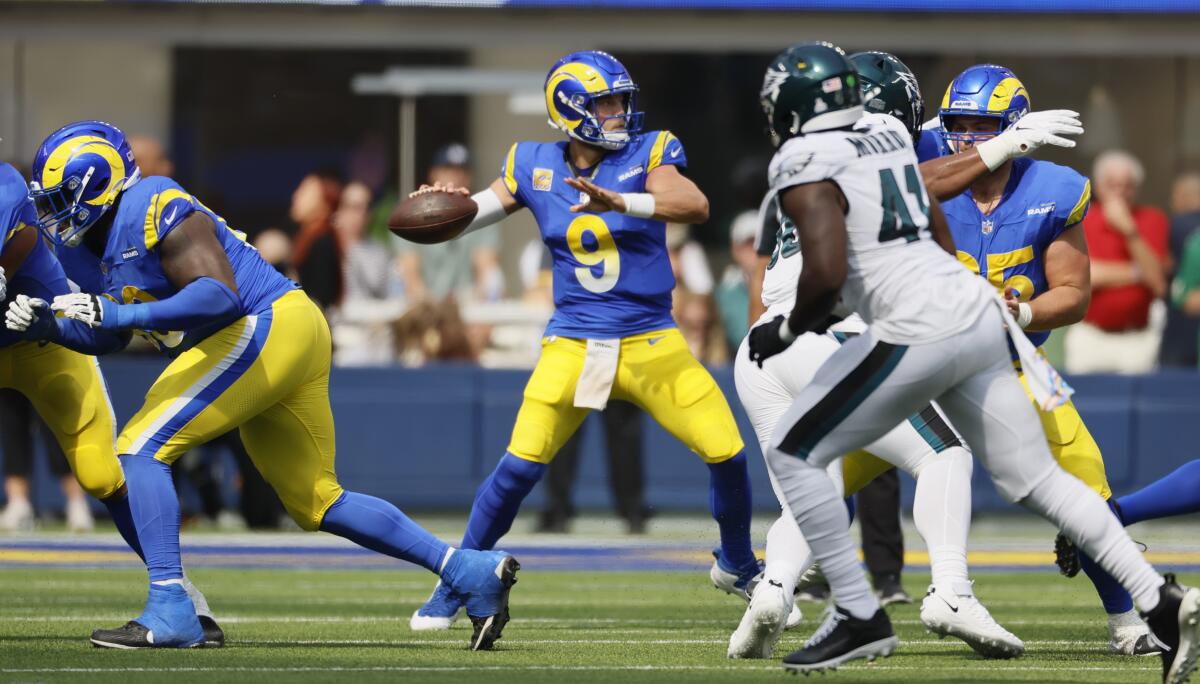 Rams quarterback Matthew Stafford throws in the first half of a 23-14 loss to the Philadelphia Eagles at SoFi Stadium.