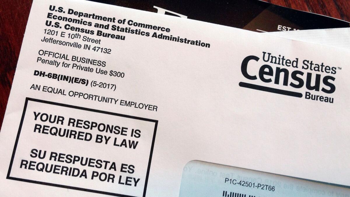 This March 23, 2018, file photo shows an envelope containing a 2018 census letter mailed to a U.S. resident as part of the nation's only test run of the 2020 census.