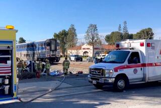 Camarillo, California-Jan. 2, 2023-Ventura County firefighters are on scene of a train versus a vehicle at Intersection of Lewis Road where Las Posas and Upland cross in the city of Camarillo. Amtrak Surfliner 765 headed northbound struck a vehicle in the intersection. No injuries reported on the train. (Courtesy Ventura County Fire Department)