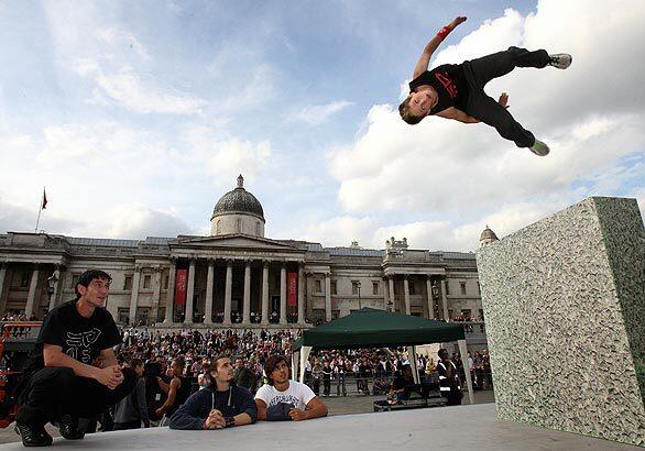 Freerunners warm up on the eve of the Barclaycard World Free Run Championships in London. Trafalgar Square will play host to the second annual championships welcoming 27 freerunners representing 17 countries.