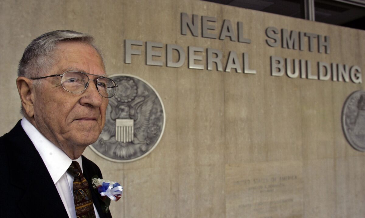 FILE - Former Rep. Neal Smith, D-Iowa, is seen during the rededication ceremony of the federal building in Des Moines, Iowa, on Saturday May 24, 2008. Neal Smith, who grew up in a tiny southeast Iowa town and served as a World War II bomber pilot before becoming a successful lawyer and then the state's longest-serving U.S. House member, died Tuesday, Nov. 2, 2021. He was 101. (Bill Neibergall/The Des Moines Register via AP, File)
