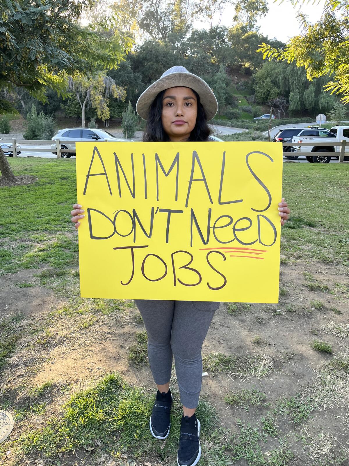 A woman holds a yellow sign that reads "Animals don't need jobs"