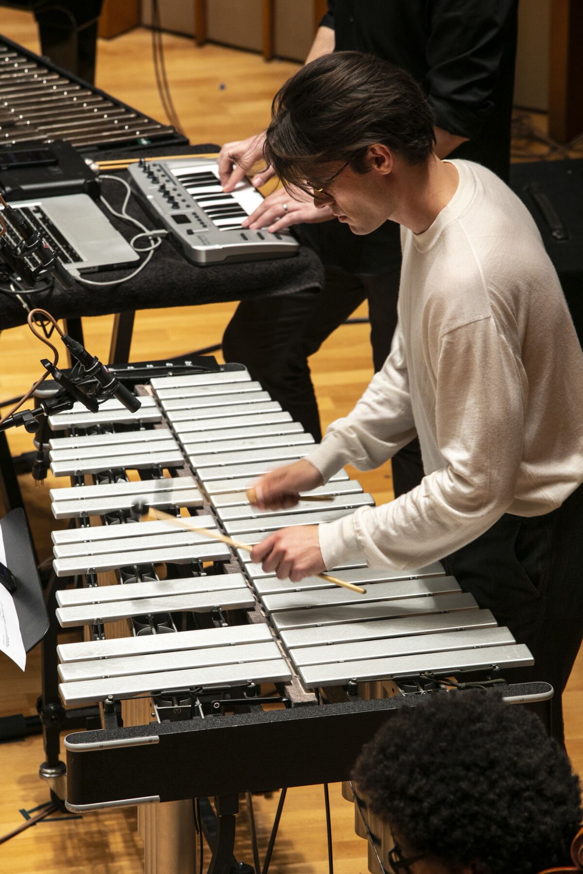 Led by Monday Evening Concerts artistic director Jonathan Hepfer, above, on vibraphone, an ensemble performed Julius Eastman's "Femenine (1974) at downtown L.A.'s Zipper Concert Hall.