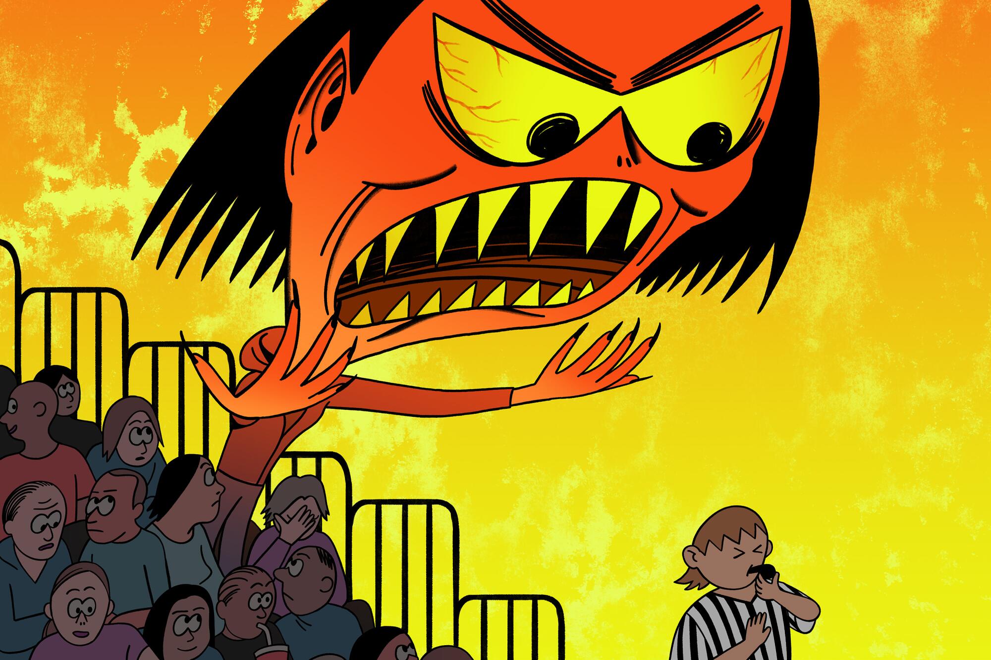 Illustration of a large, jagged-toothed angry cartoon woman yelling at a basketball ref from gymnasium bleachers.