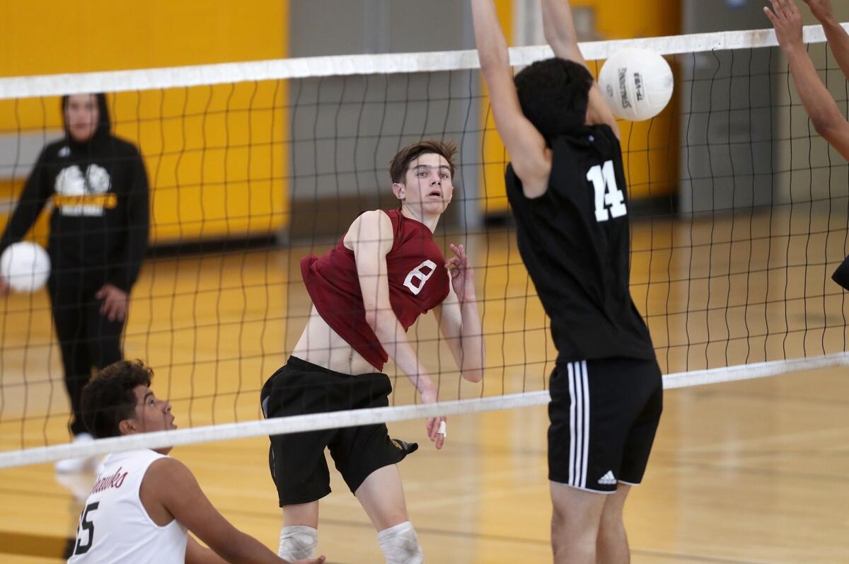 Ocean View High's Jackson Petrovich (8), pictured scoring at Godinez on April 22, helped the Seahawks to a four-set win over La Quinta in a CIF Southern Section Division 5 second-round match Thursday.