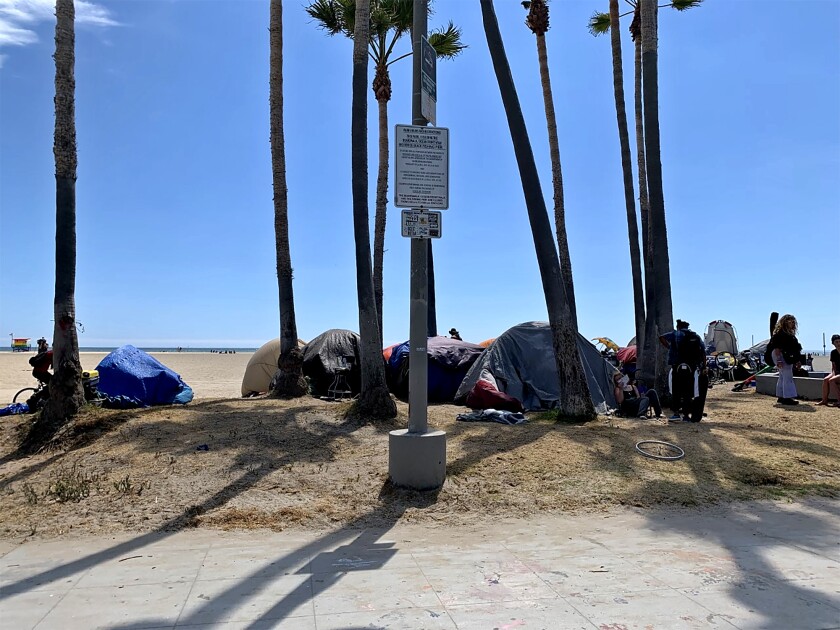  Tents along the Venice boardwalk on June 23, 2021. 